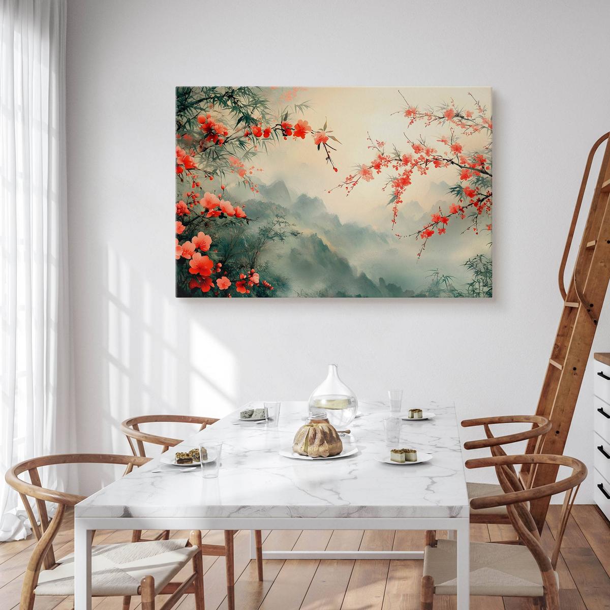 Obraz Na Płótnie Czerwone Kwiaty Wzgórze Styl Japoński 90x60 Dekoracja do Salonu nr. 4