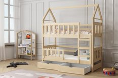 Łóżko piętrowe DOMEK drewniane miejsce do spania dla 2 osób + materace 160x75 cm w zestawie do pokoju dziecka
