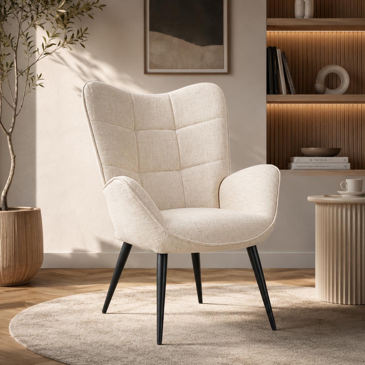 Fotel uszak tapicerowany wypoczynkowy 69x63x89 cm do salonu biura nogi czarne, beżowy