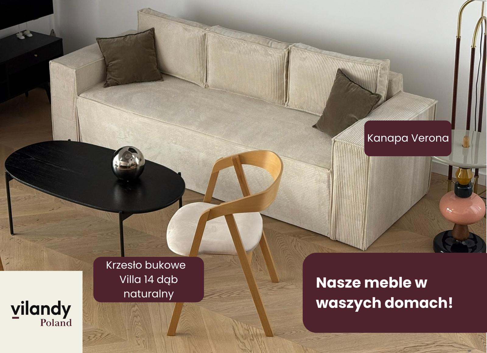Krzesło bukowe Villa14 79x56x48 cm drewniane zaokrąglone do salonu w kolorze dąb naturalny z beżowym welwetowym siedziskiem nr. 8