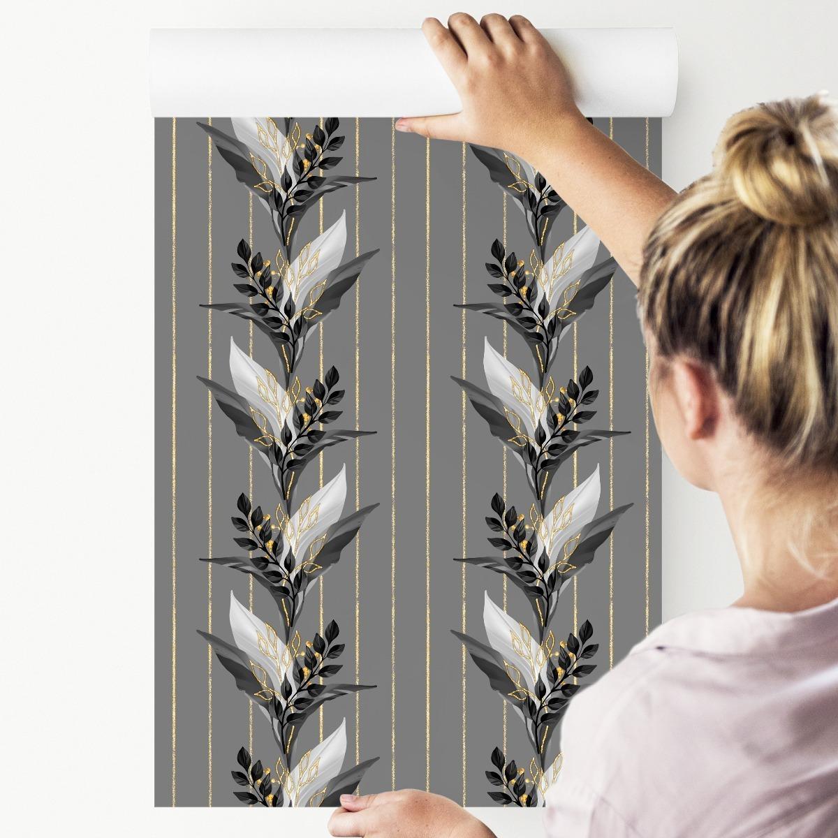 Tapeta Ścienna Szare Dekoracyjne LIŚCIE Kwiaty 3D  nr. 4