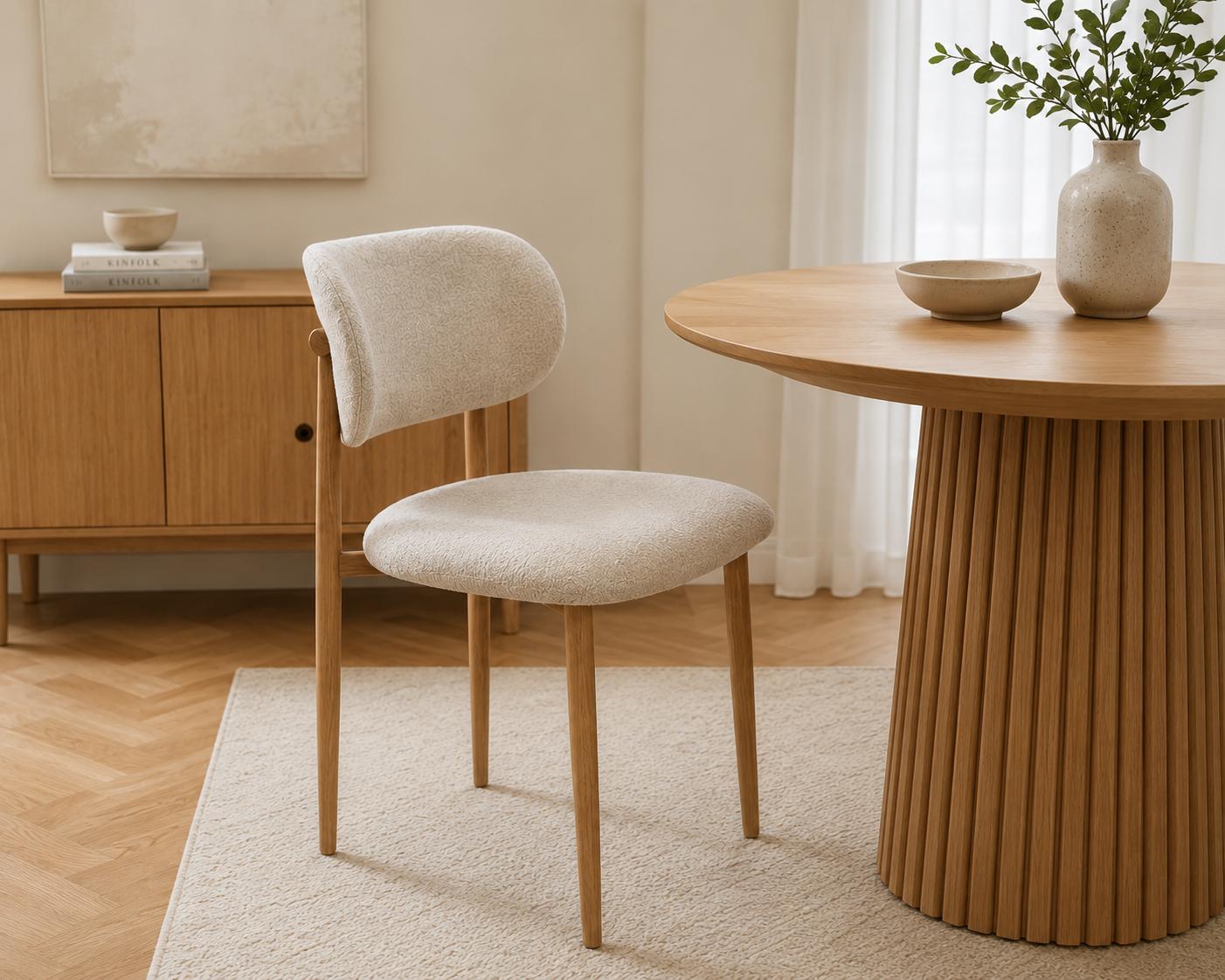 Krzesło tapicerowane do jadalni VALI stelaż dąb, tkanina Aragon jasny 