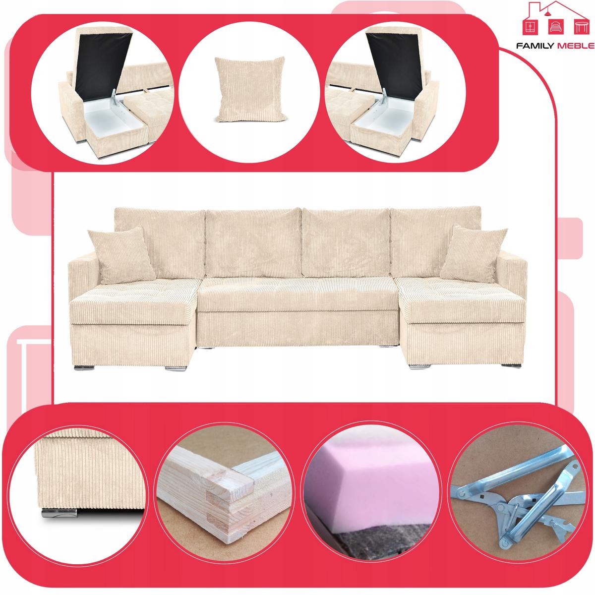 Narożnik Bonito BIG 296x74x104 cm kształt U z funkcją spania i przechowywania Anafi sztruks beżowy nr. 4