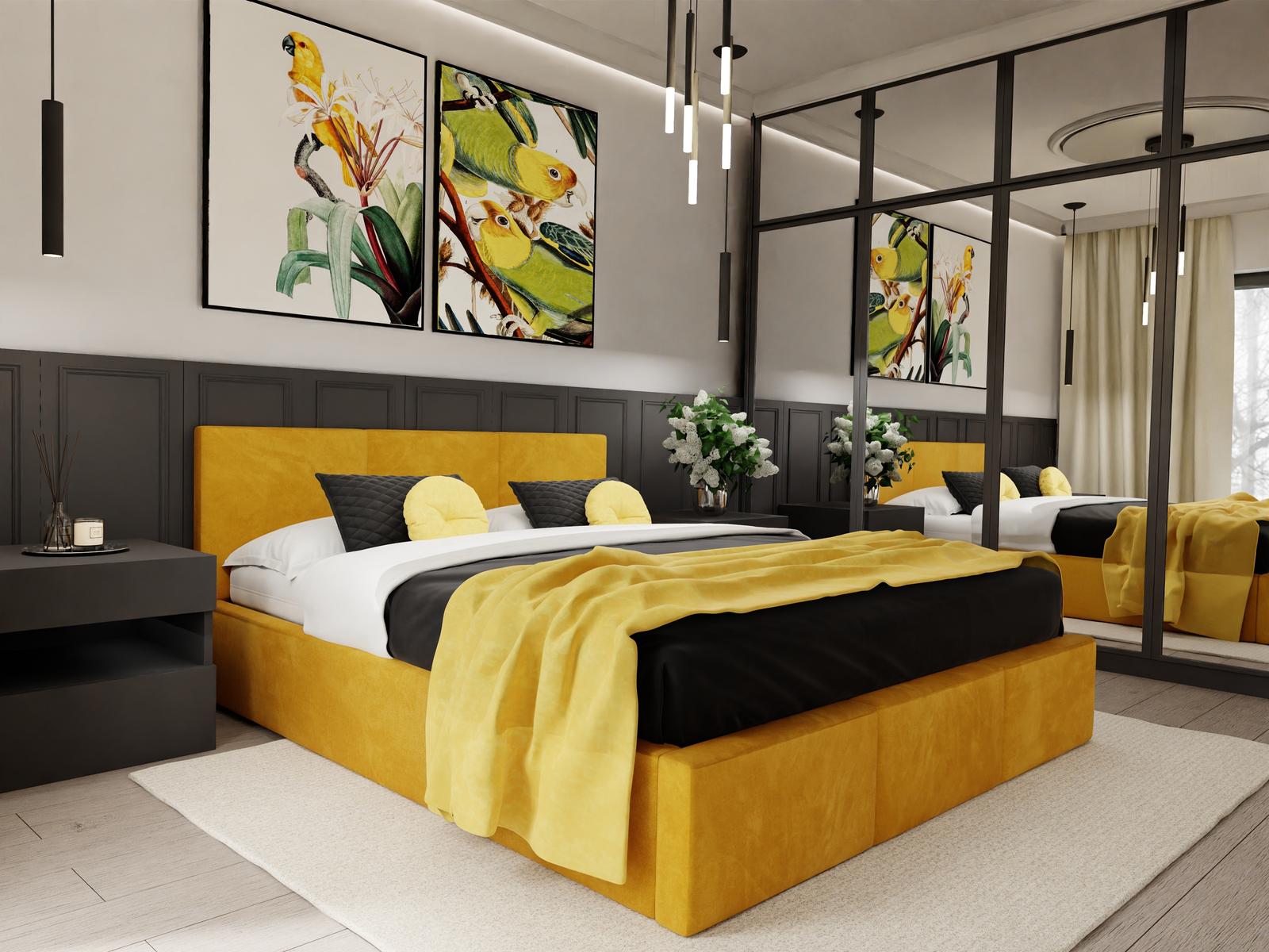 Łóżko tapicerowane do sypialni 180x200x110 cm podwójne z pojemnikiem modne żólte nr. 5