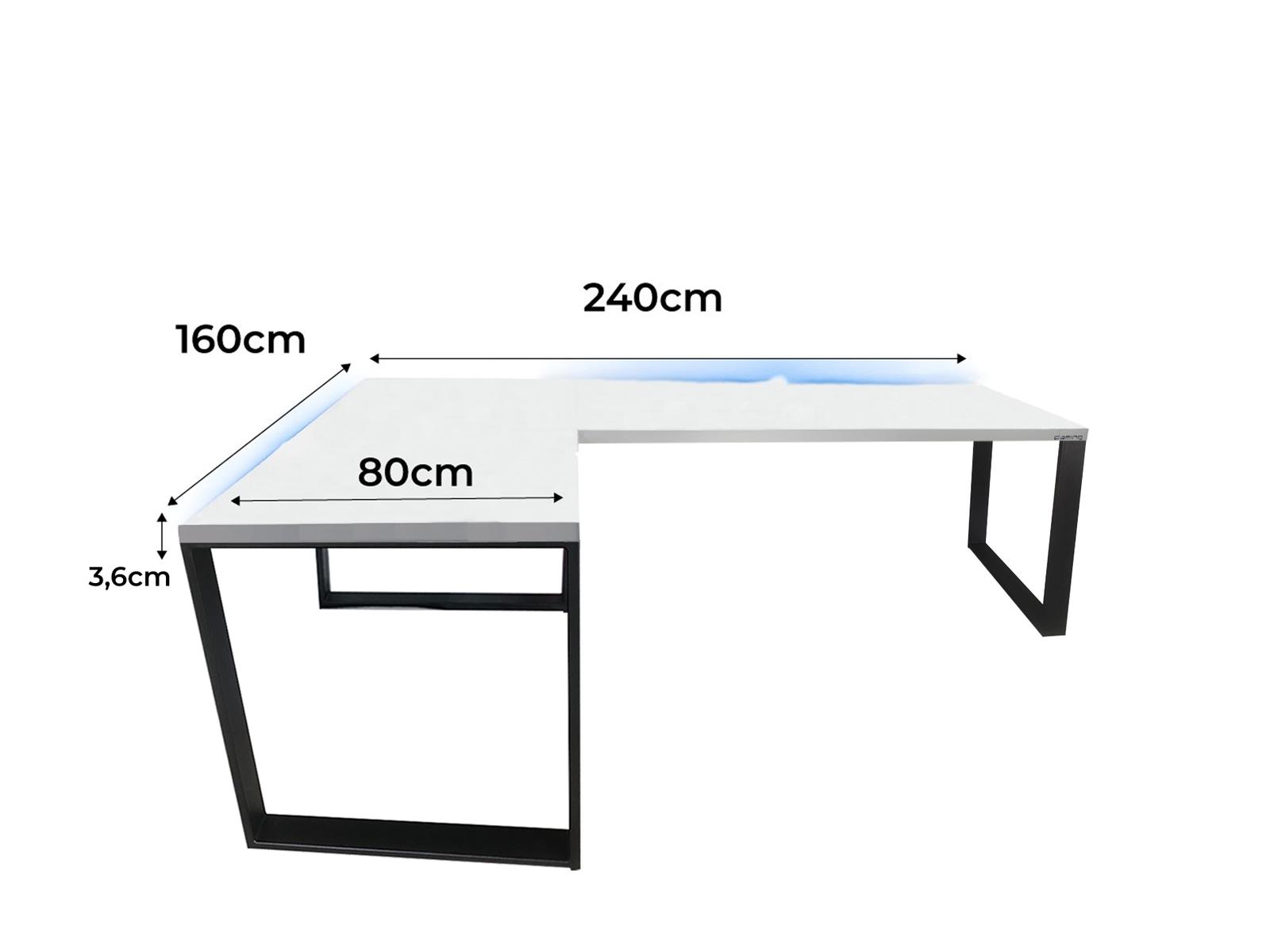 Biurko gamingowe narożne model 1 Low białe LOFT metalowe nogi LED RGB pilot dla gracza 240x80x71cm nr. 3