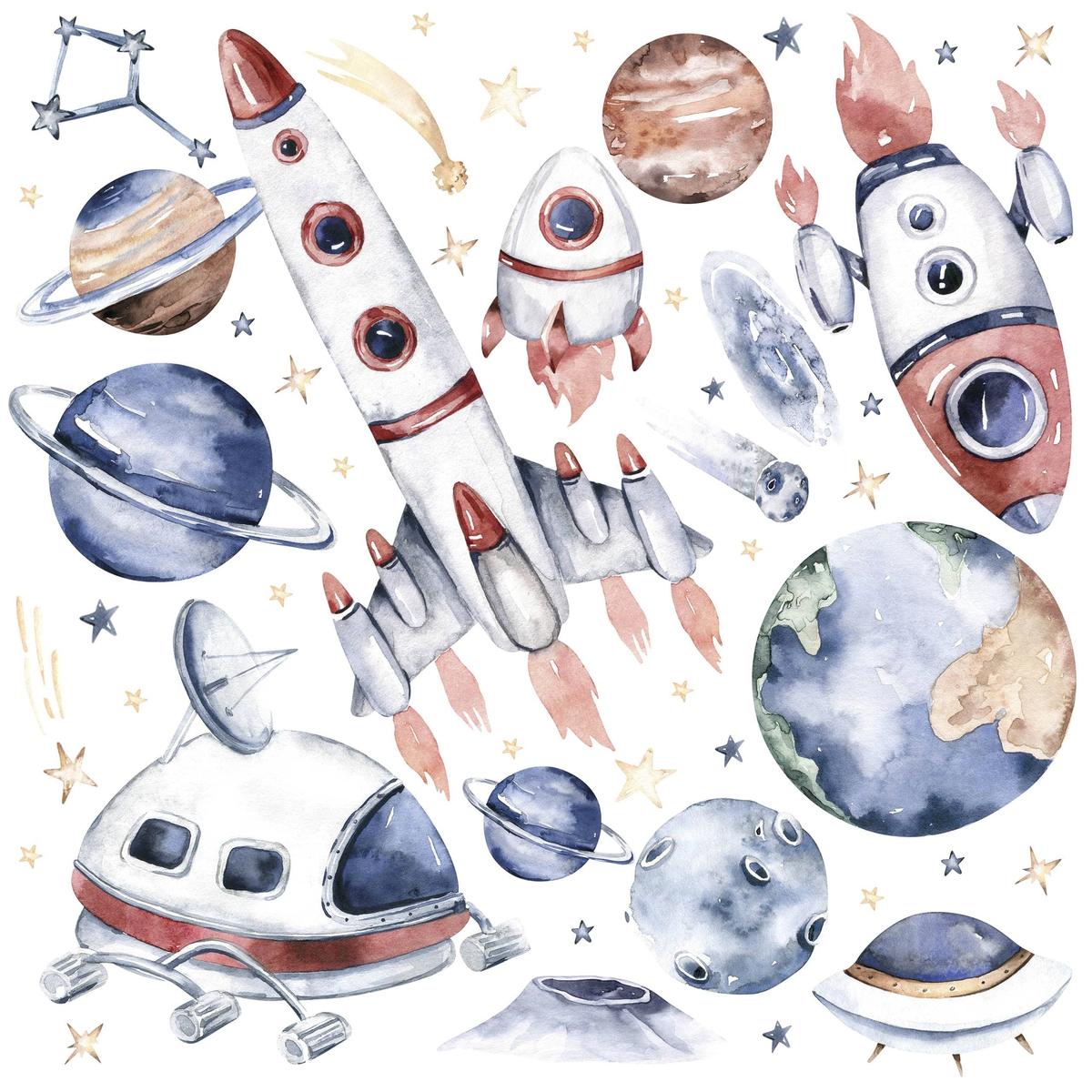 Naklejki Na Ścianę Dla Dzieci Kosmos Rakiety Planety 60x30 Gwiazdy ZESTAW