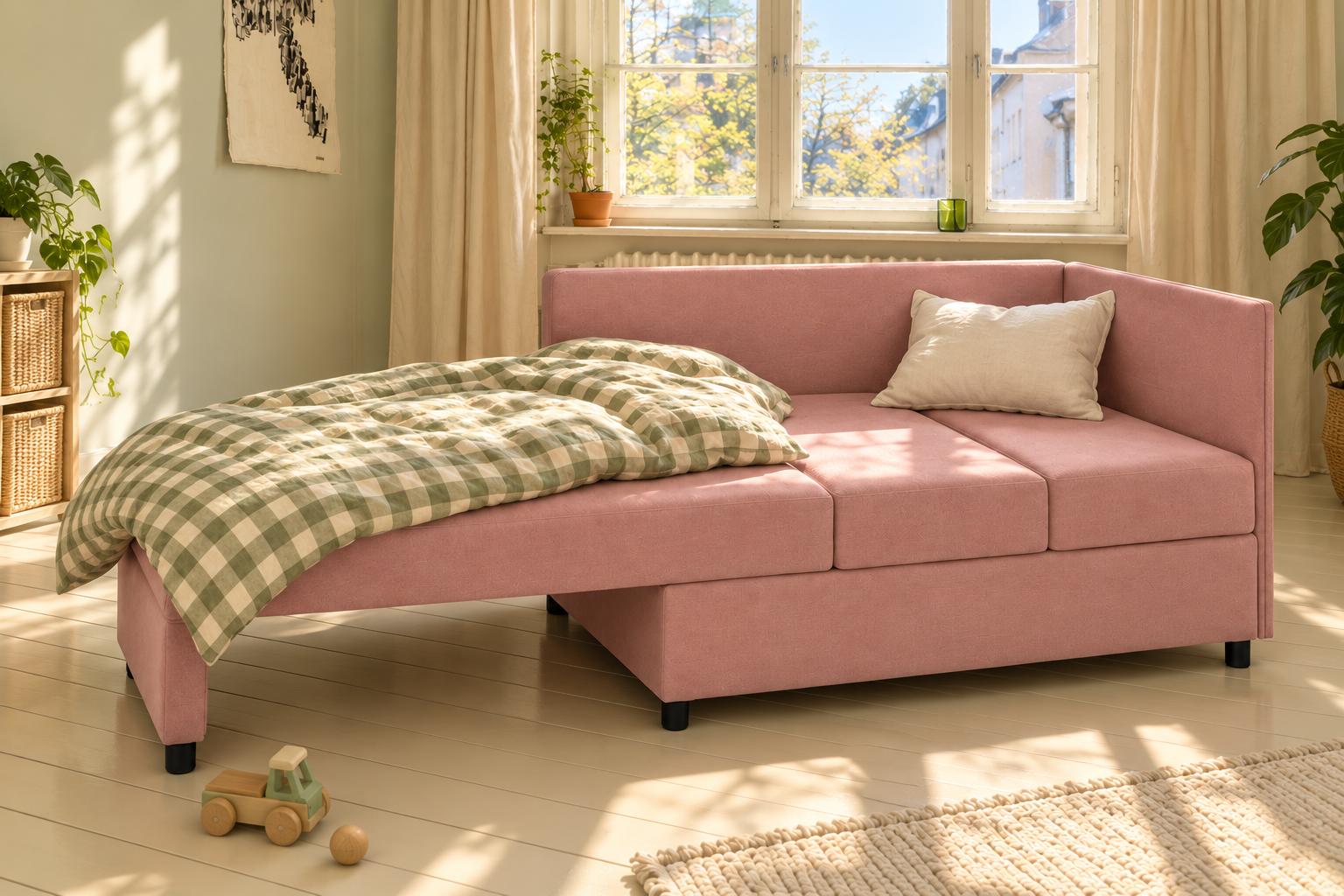 Sofa Viluś 106x75x80 cm różowa rozkładana sofa narożna jednoosobowa z funkcją spania i pojemnikiem na pościel