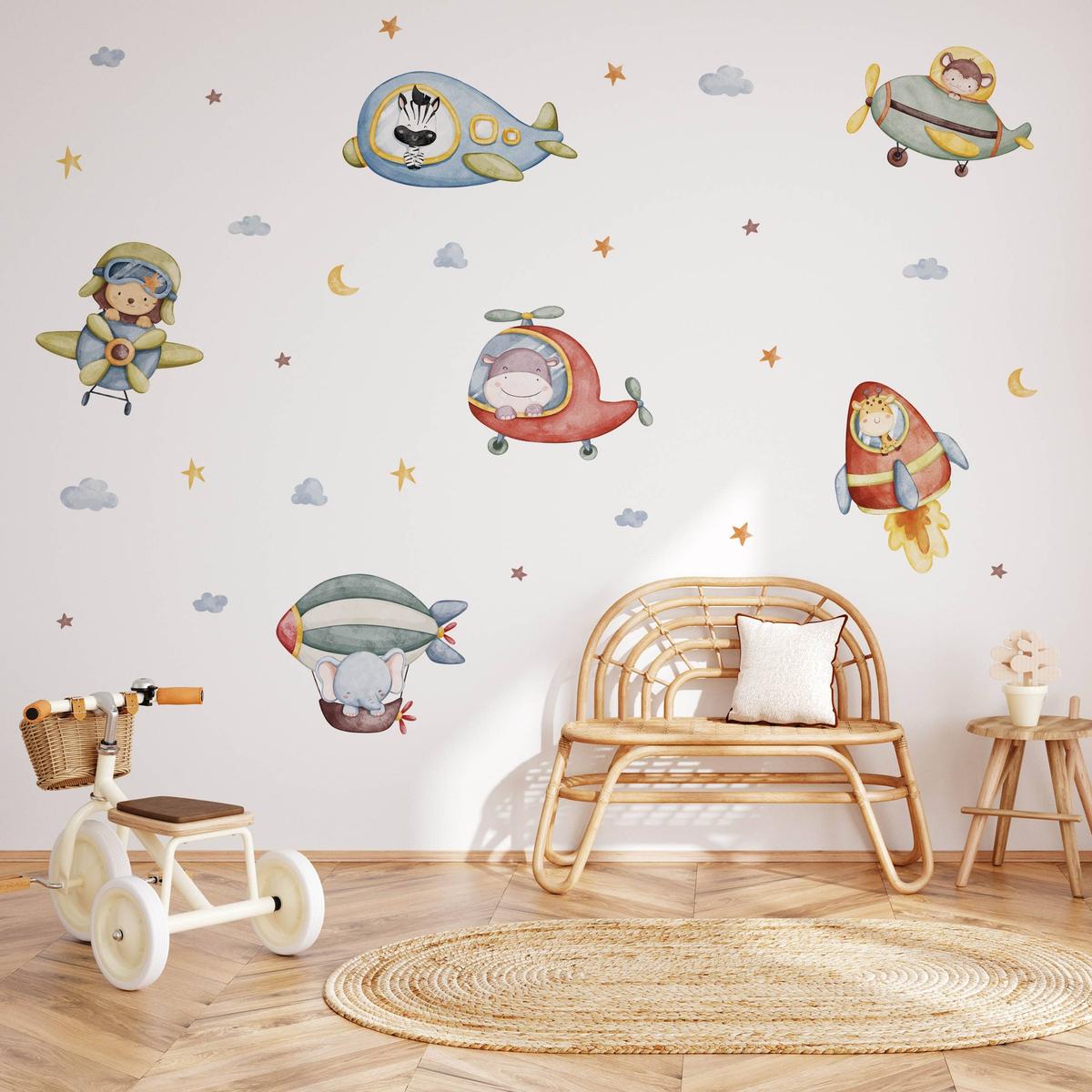 Naklejki Dla Dzieci Zwierzątka Chmury Gwiazdy 60x30 Samoloty ZESTAW nr. 6