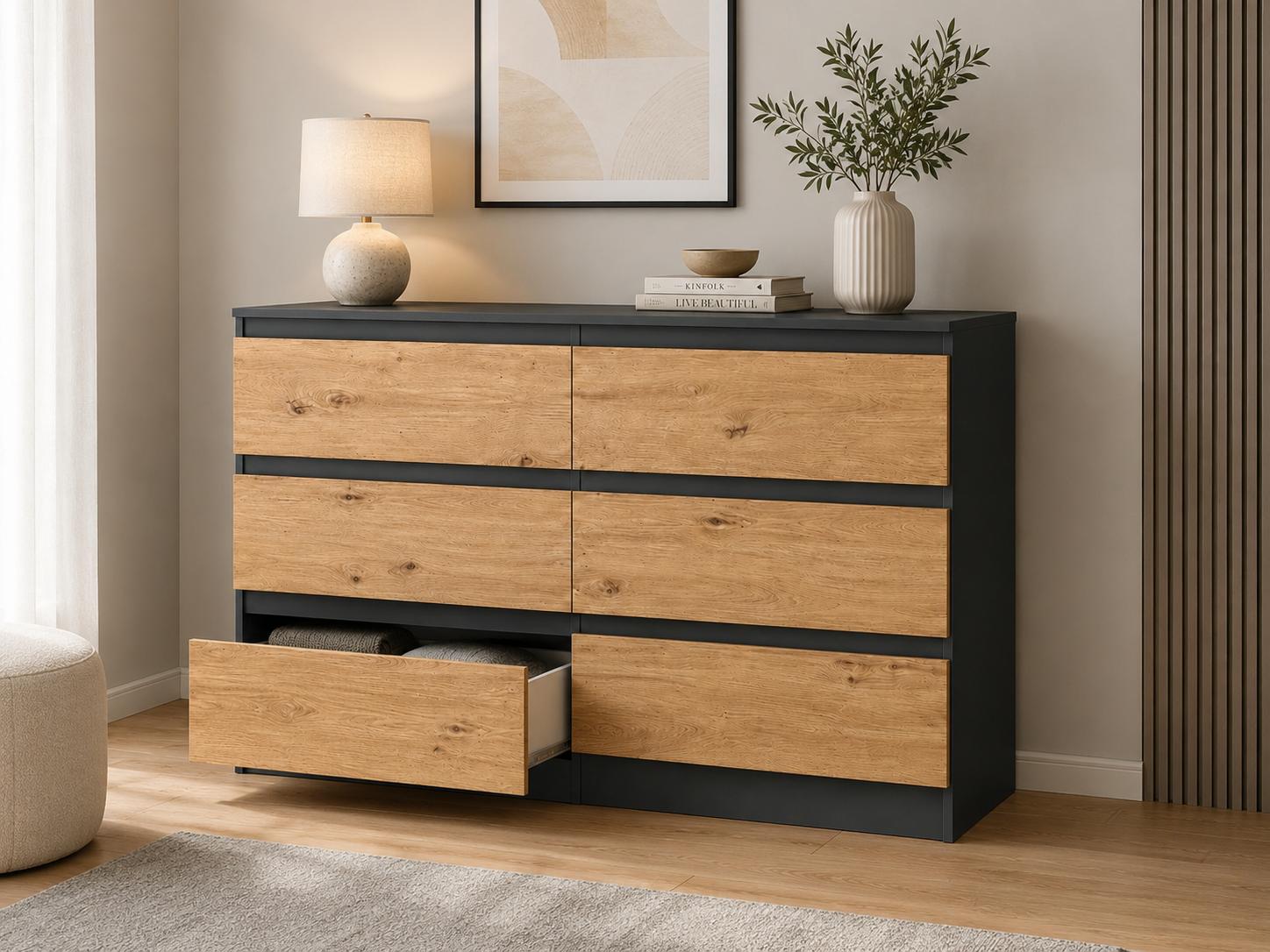 Komoda 120 cm mega cena MARTUSIA 78,5x120x40 cm z 6 szufladami dąb artisan antracyt do salonu i sypialni