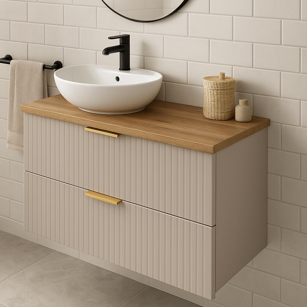 Szafka łazienkowa WILLY 80x47x60 cm z blatem orzech ryflowane fronty kaszmir złote uchwyty