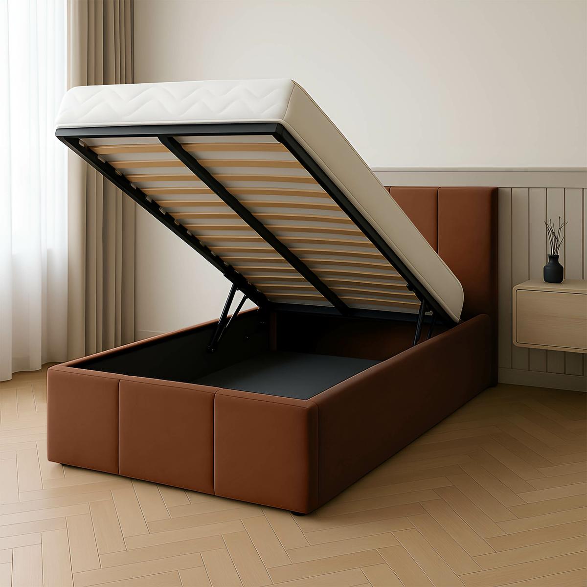 Łóżko Pojedyncze 90x200cm łóżko tapicerowane z pojemnikiem miodowe do sypialni wezgłowie 120 cm nr. 2