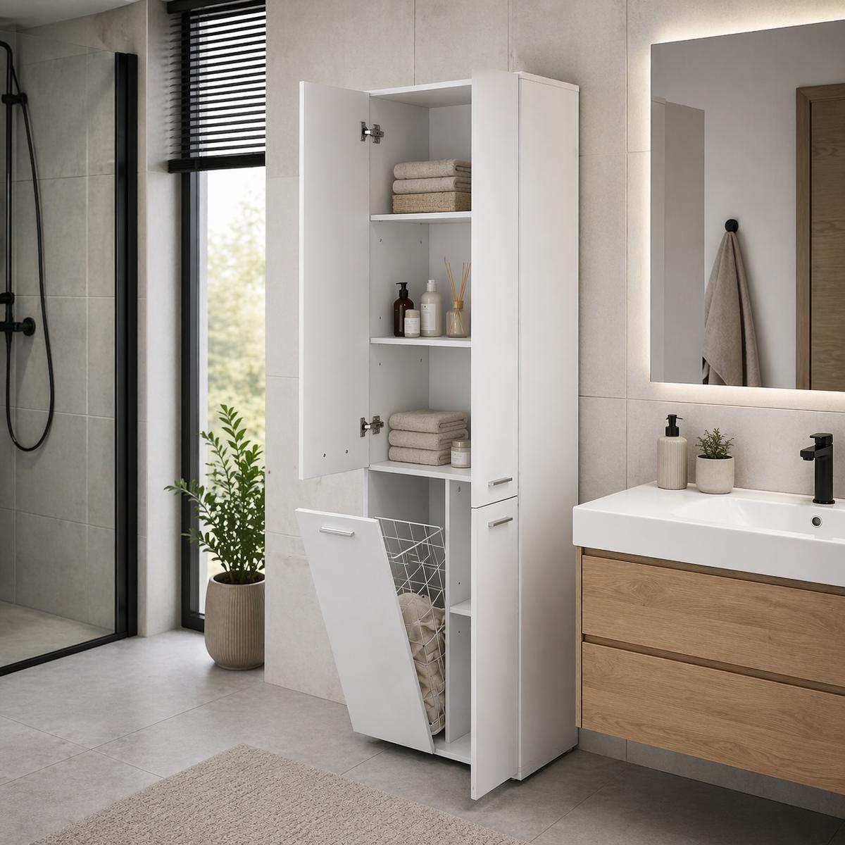 Słupek łazienkowy z dostawą najtaniej LUBA 1K DD 174x60x30 cm szafka łazienkowa kosz na pranie regał biały mat