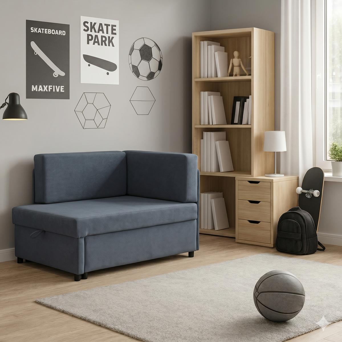 Sofa rozkładana dziecięca Viluś 106x75x80 cm narożnik jednoosobowy do pokoju z funkcją spania i przechowywania dla dzieci grafit