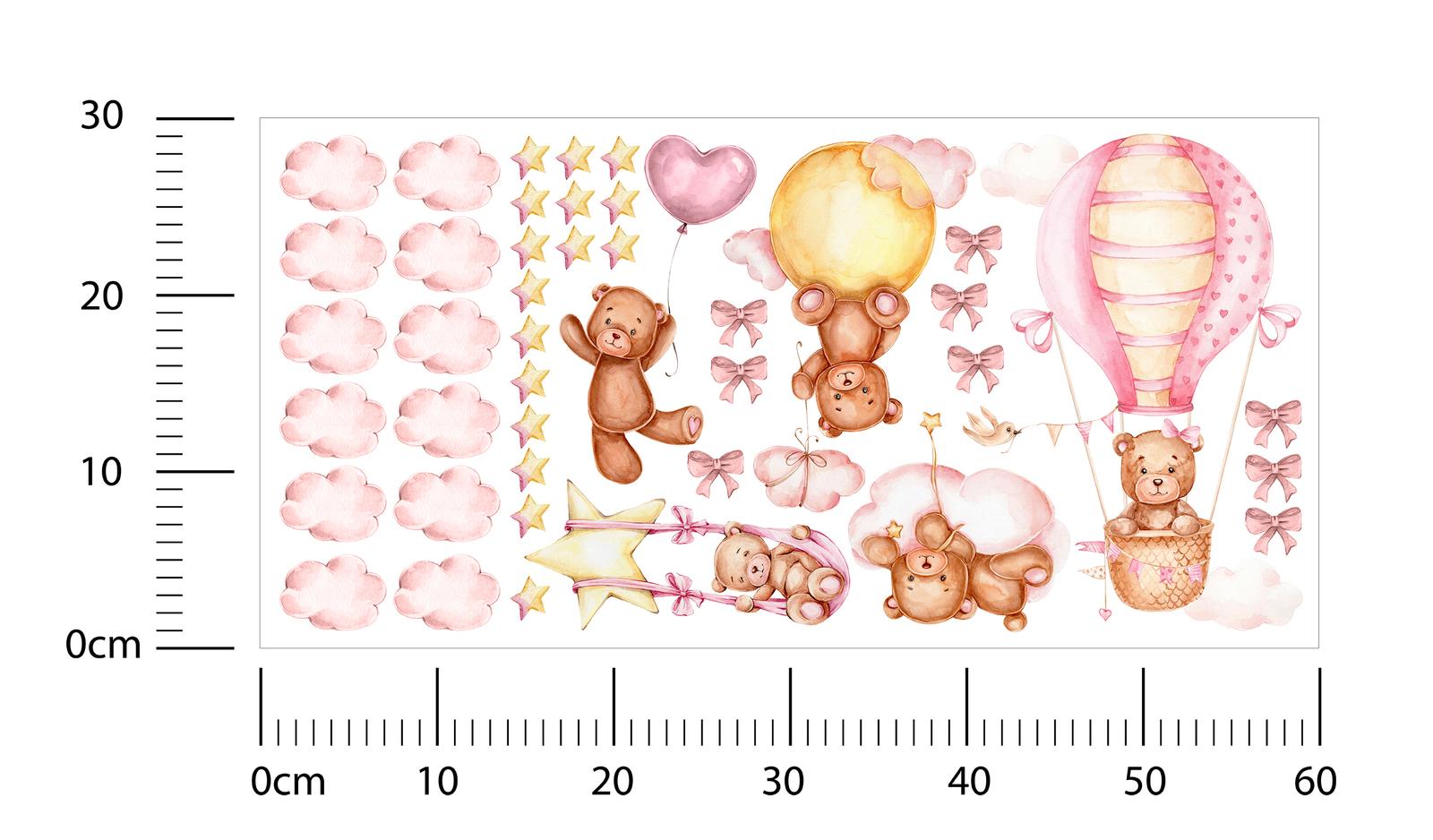 Naklejki Dla Dzieci Misie Różowe Chmurki Gwiazdy 60x30 Kokardki ZESTAW nr. 2