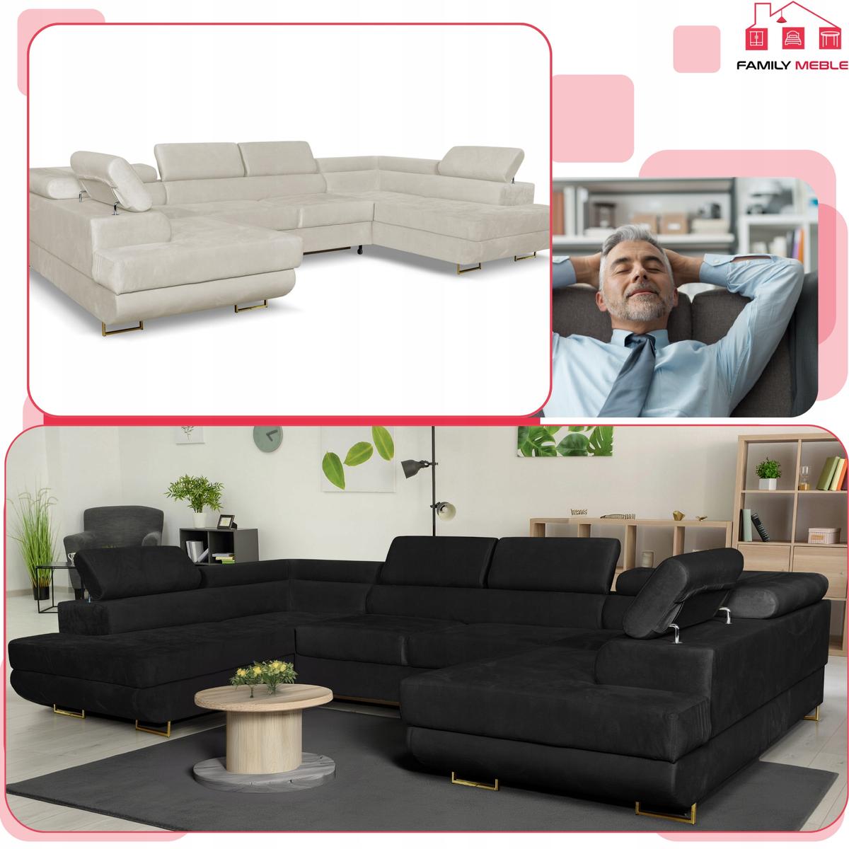Narożnik Bosso Big 370x206x85 cm kształt U z funkcją spania welur beżowy nr. 4