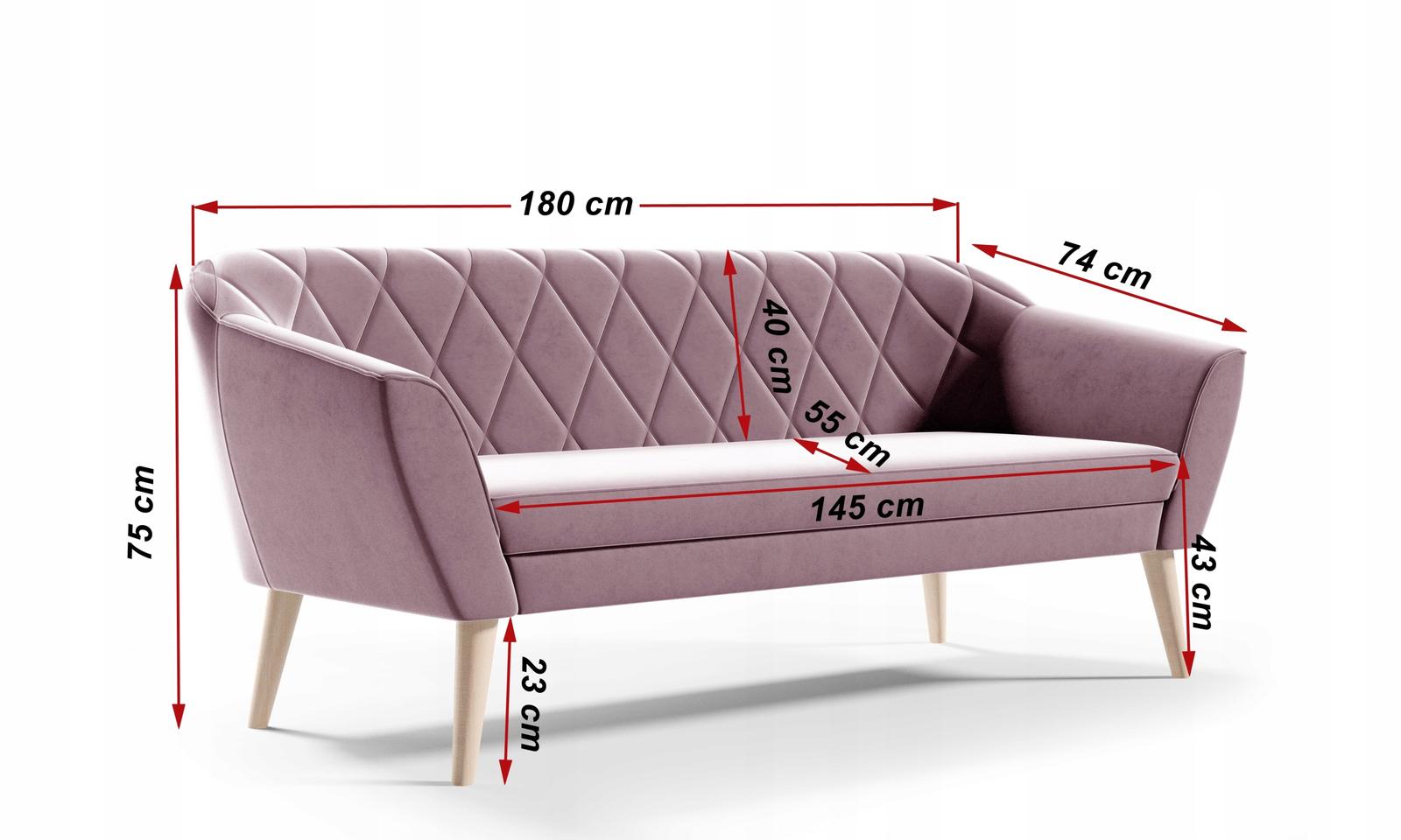 Sofa GLORIA 176x57x70 cm trzyosobowa  w stylu skandynawskim welur MANILA różowa do salonu nr. 6