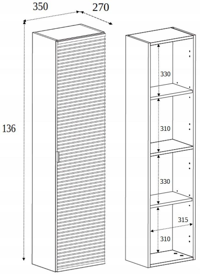 Słupek łazienkowy 136 cm regał kaszmir wisząca ryflowany front mdf półki flow nr. 2