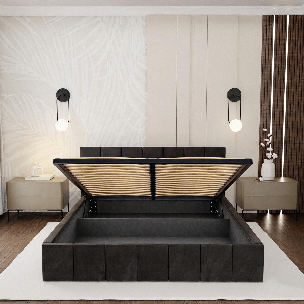 Łóżko tapicerowane 160x200 premium z pojemnikiem do sypialni czarne wezgłowie 107 cm nr. 7