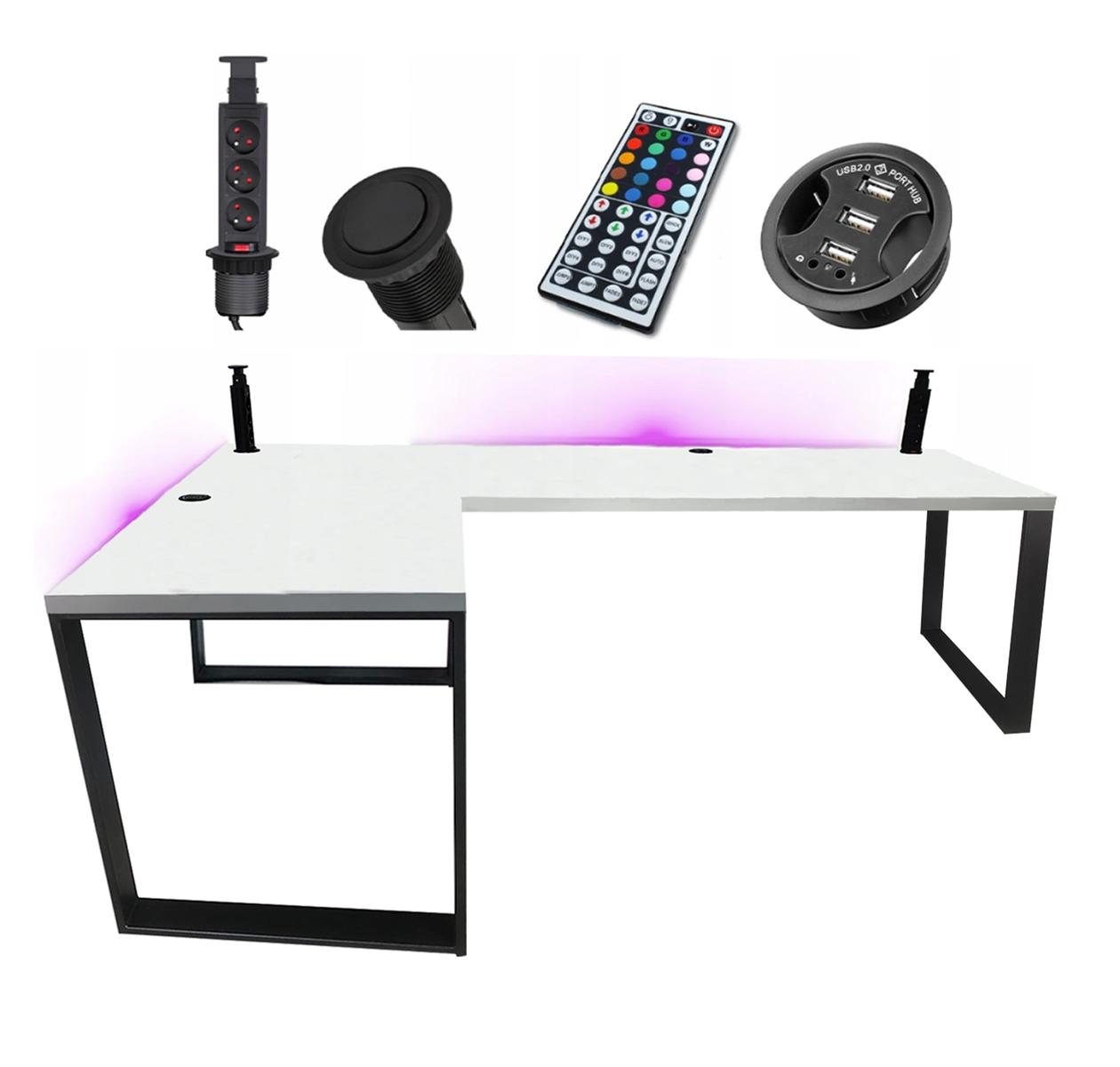 Biurko gamingowe narożne model 3 Low białe LOFT metalowe nogi LED RGB przepust USB dla gracza 202x66x71cm nr. 1