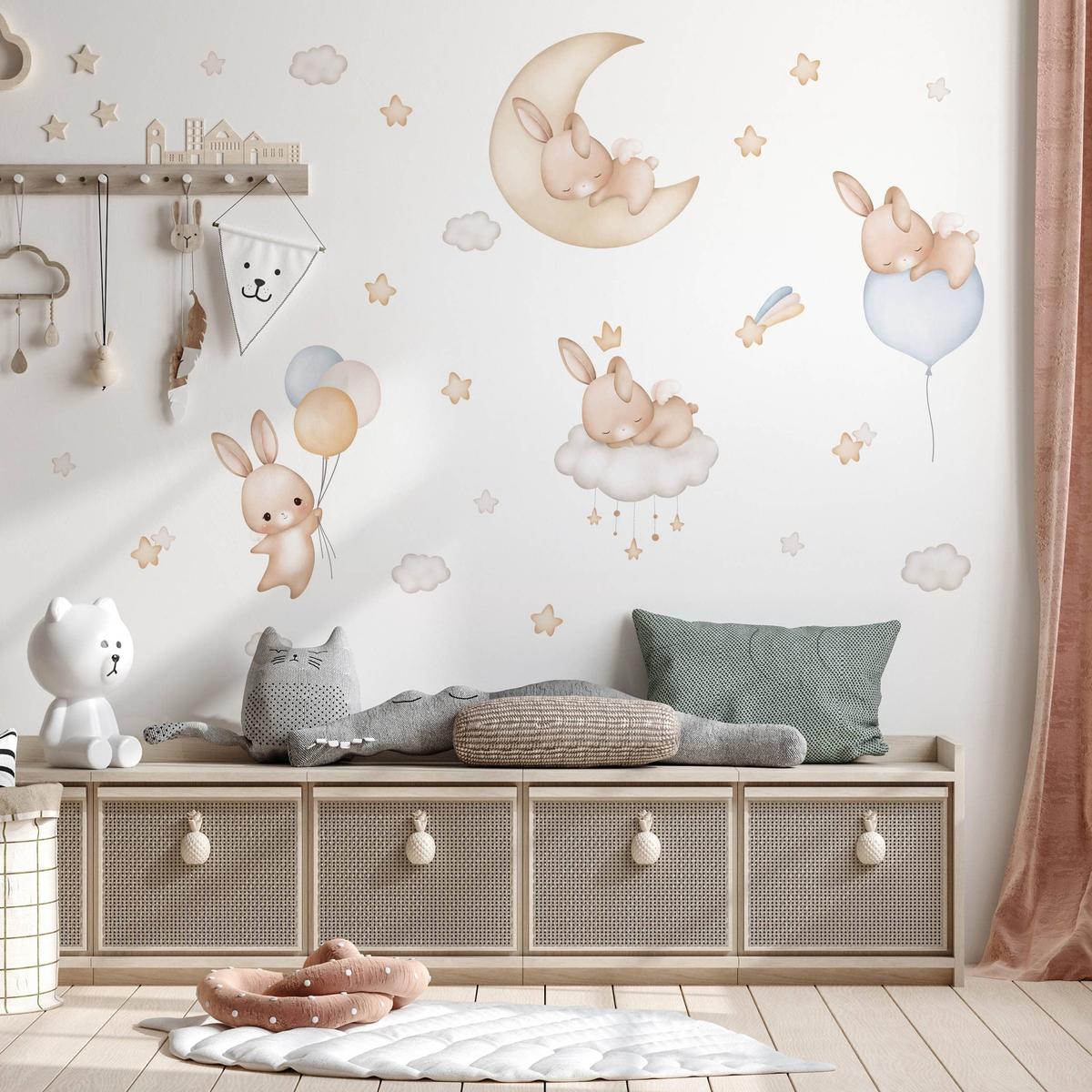 Naklejki Dla Dzieci Śpiące Króliczki Chmurki 120x60 Gwiazdy ZESTAW nr. 4