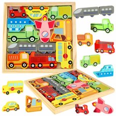 Puzzle układanka edukacyjna kolorowa drewniana sorter dla dziecka kształty pojazdy 17x17x 1 cm