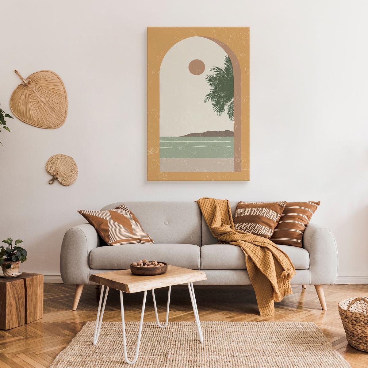 Obraz Na Płótnie Widok Z Okna Palmy Ocean Klify Styl Boho Abstrakcja 80x120cm nr. 3