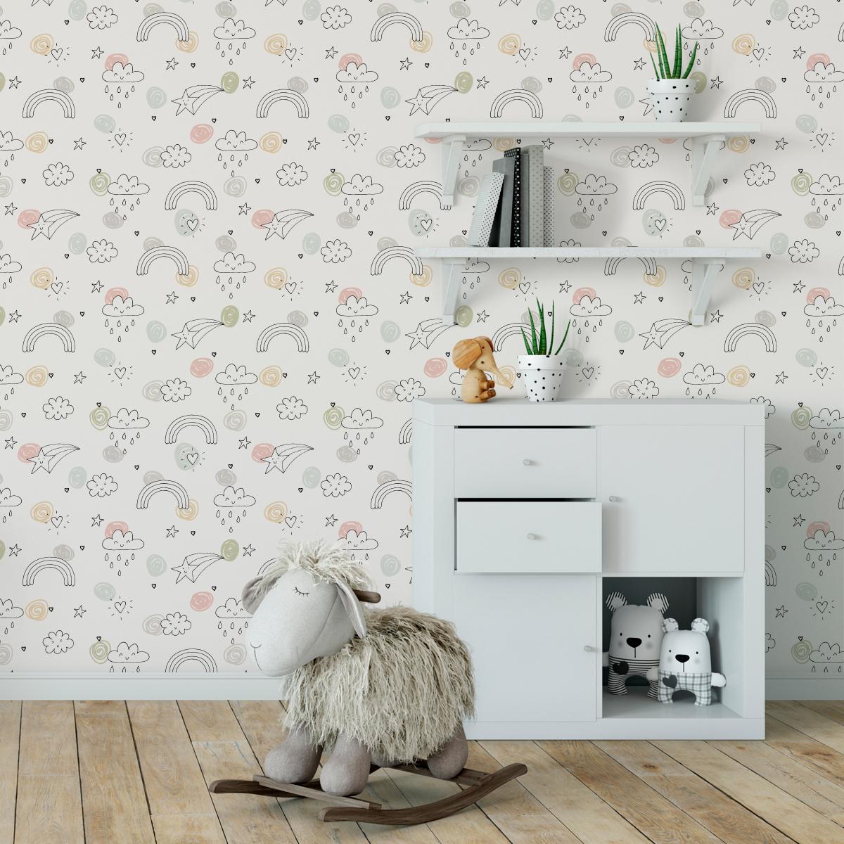 Tapeta Dziecięca Rysowane CHMURKI Gwiazdki Tęcza 53x1000  nr. 7