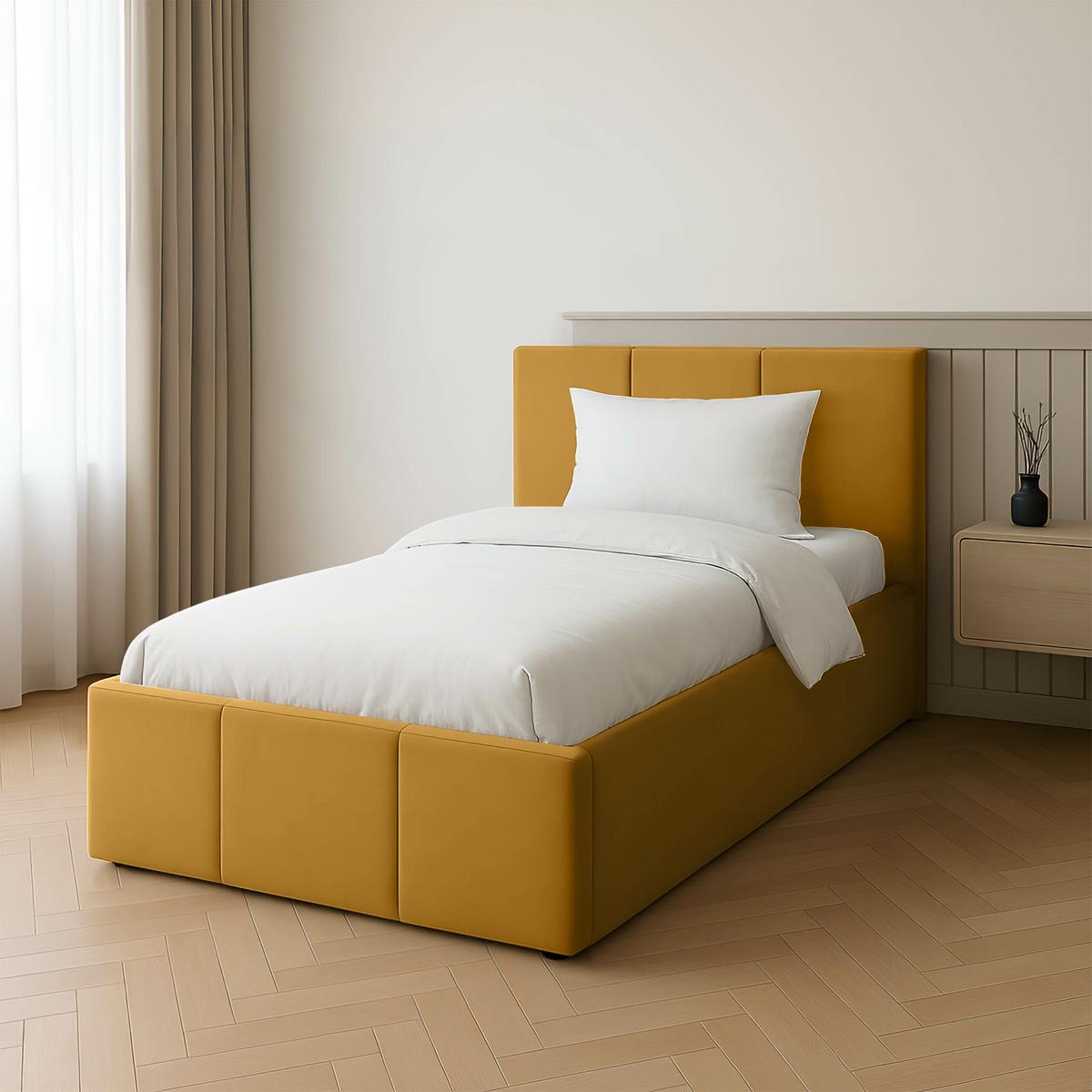 Łóżko Pojedyncze 90x200cm łóżko tapicerowane z pojemnikiem żółte do sypialni wezgłowie 120 cm nr. 3