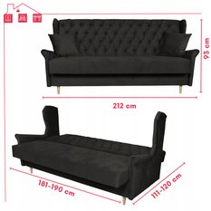 Kanapa z funkcją spania GAJA 212x95x93 cm uszak rozkładana wersalka pikowana z poduszkami AURA czarny - Miniaturka zdjęcia nr 16