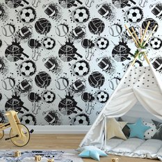 Tapeta Dziecięca Czarno-biała PIŁKI Sport Grunge  - Miniaturka zdjęcia nr 6