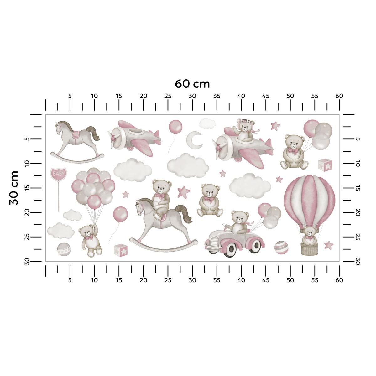 Naklejki Na Ścianę Misie Różowe Balony 60x30  Koń Na Biegunach Chmury Zestaw  nr. 5