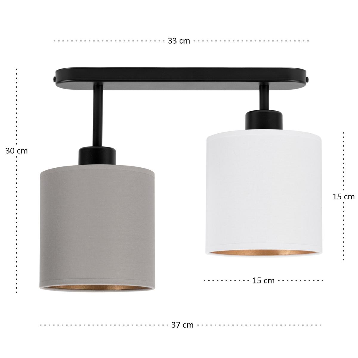 Lampa sufitowa 37 x 15 x 30 cm dwupunktowy spot gwint E27 czarna z szaro-białymi abażurami do salonu nr. 4