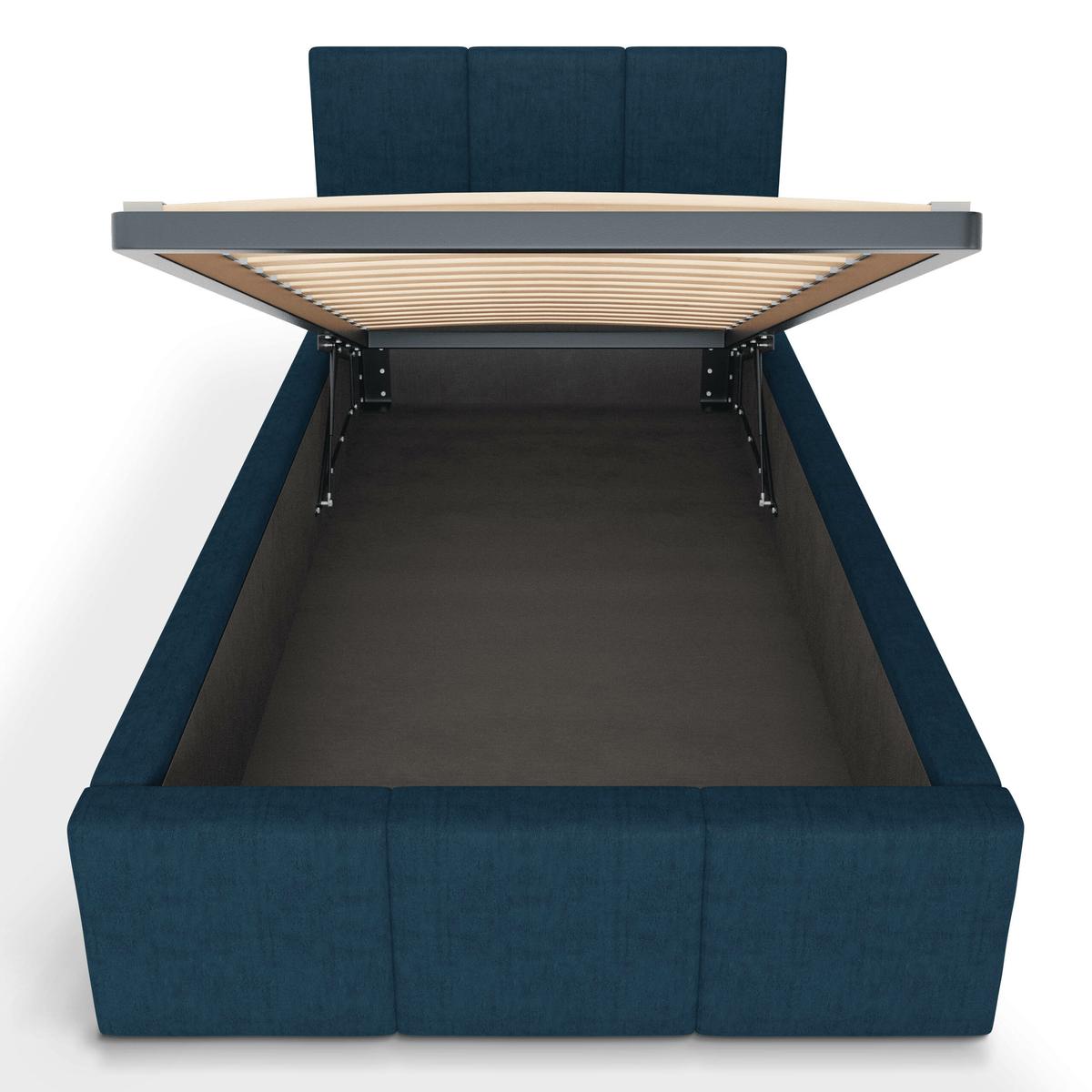 Łóżko Pojedyncze 90x200cm łóżko tapicerowane z pojemnikiem granatowe do sypialni wezgłowie 110 cm nr. 9