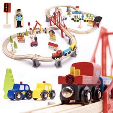 Kolejka drewniana pociąg tor samochodowy 70 elementów zabawka dla dzieci 110x20x66cm