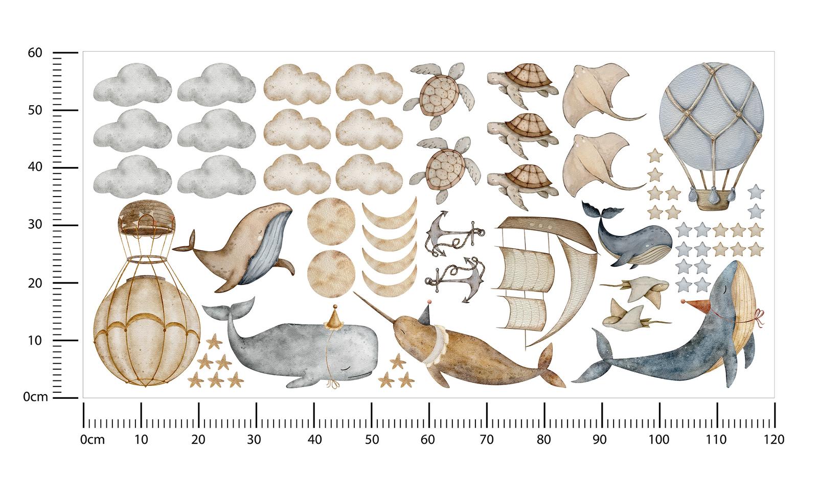 Naklejki Na Ścianę Dla Dzieci Wieloryby Chmury Balony 120x60 Gwiazdy ZESTAW nr. 2