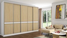 Szafa przesuwna 340x66x244 cm do sypialni okucia srebrne biel dąb gaja lamele - Miniaturka zdjęcia nr 1