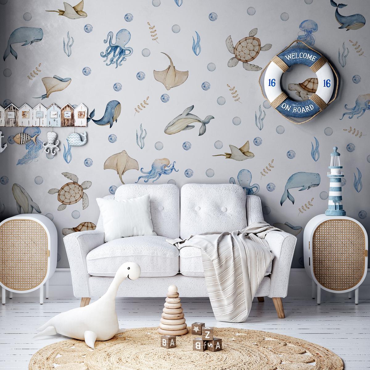 Naklejki Dla Dzieci Morskie Zwierzęta Wieloryby 120x60 Ośmiornice ZESTAW nr. 6