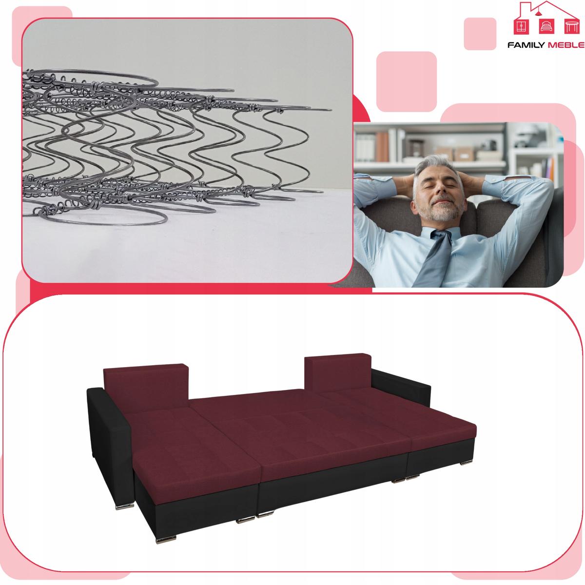 Narożnik Figo BIG 296x74x140 cm kształt U z funkcją spania i przechowywania do salonu Twist czarno bordowy nr. 5