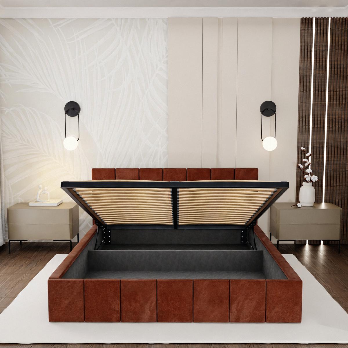 Łóżko tapicerowane 160x200 premium z pojemnikiem do sypialni miodowe wezgłowie 107 cm nr. 7