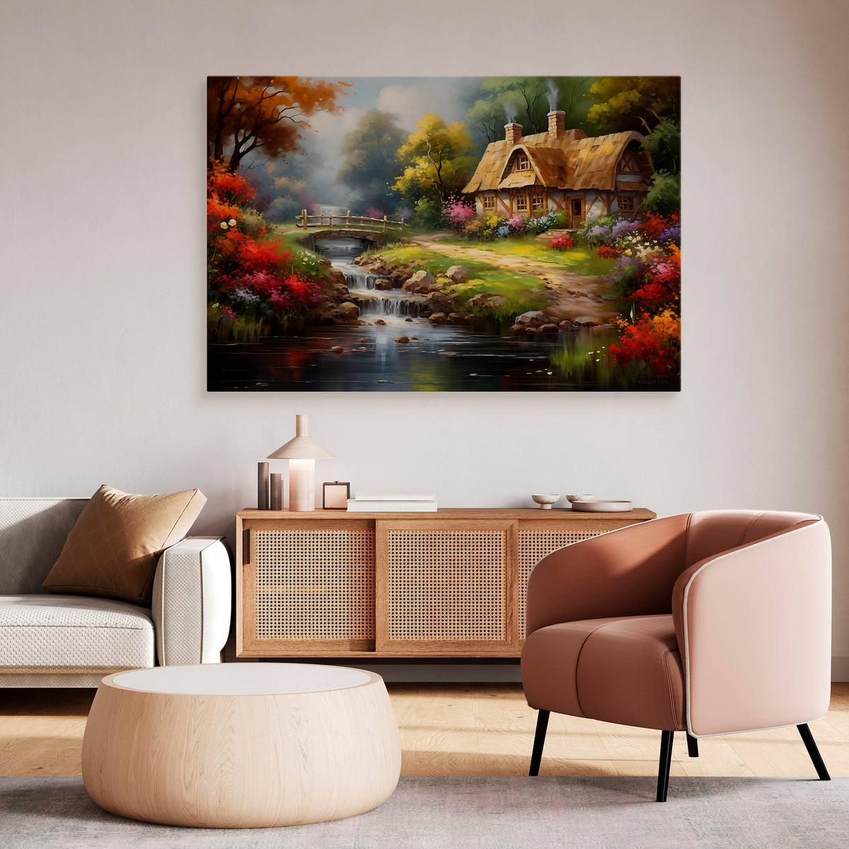Obraz Na Płótnie Krajobraz Strumyk Domek Na Wsi 100x70 Natura Las nr. 6