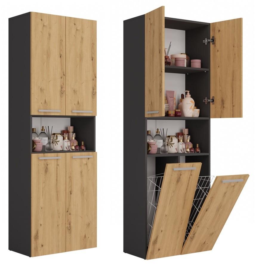 Słupek łazienkowy NEL DK 2K 174x60x30 cm do łazienki podwójny kosz na pranie regał antracyt dąb artisan