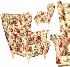 Fotel uszak 104x84 cm beżowy w kwiaty angielskie róże print skandynawski do salonu