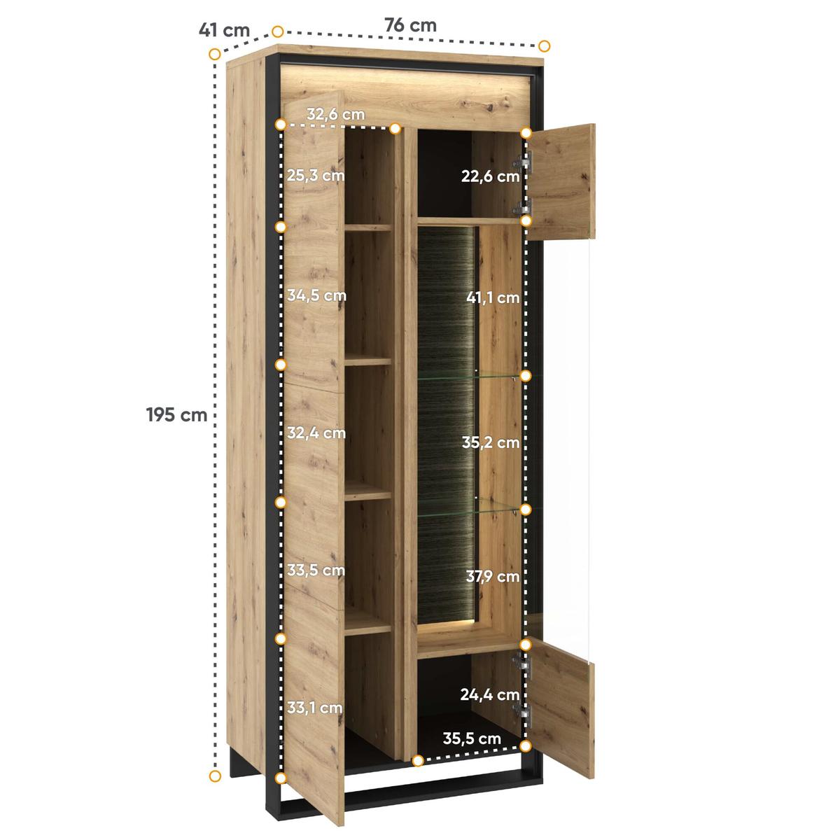 Witryna 76x41x195 cm 1d1w Quant z wieloma praktycznymi półkami dąb do salonu nr. 4