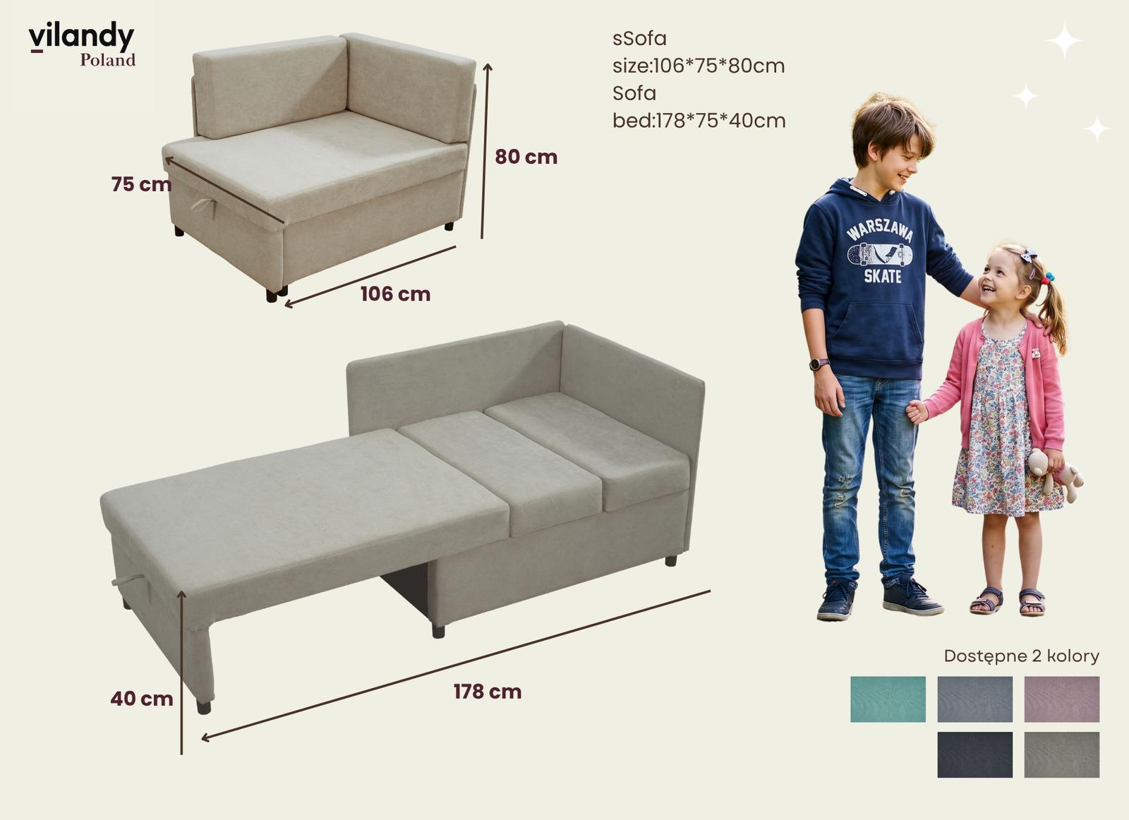 Sofa rozkładana dziecięca Viluś 106x75x80 cm narożnik jednoosobowy do pokoju z funkcją spania i przechowywania dla dzieci beżowy nr. 7