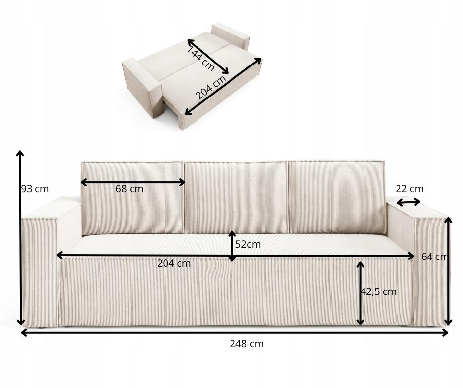 Kanapa 248x96x93 cm sofa z funkcją spania automat i pojemnik sztruks brudny róż do salonu nr. 16