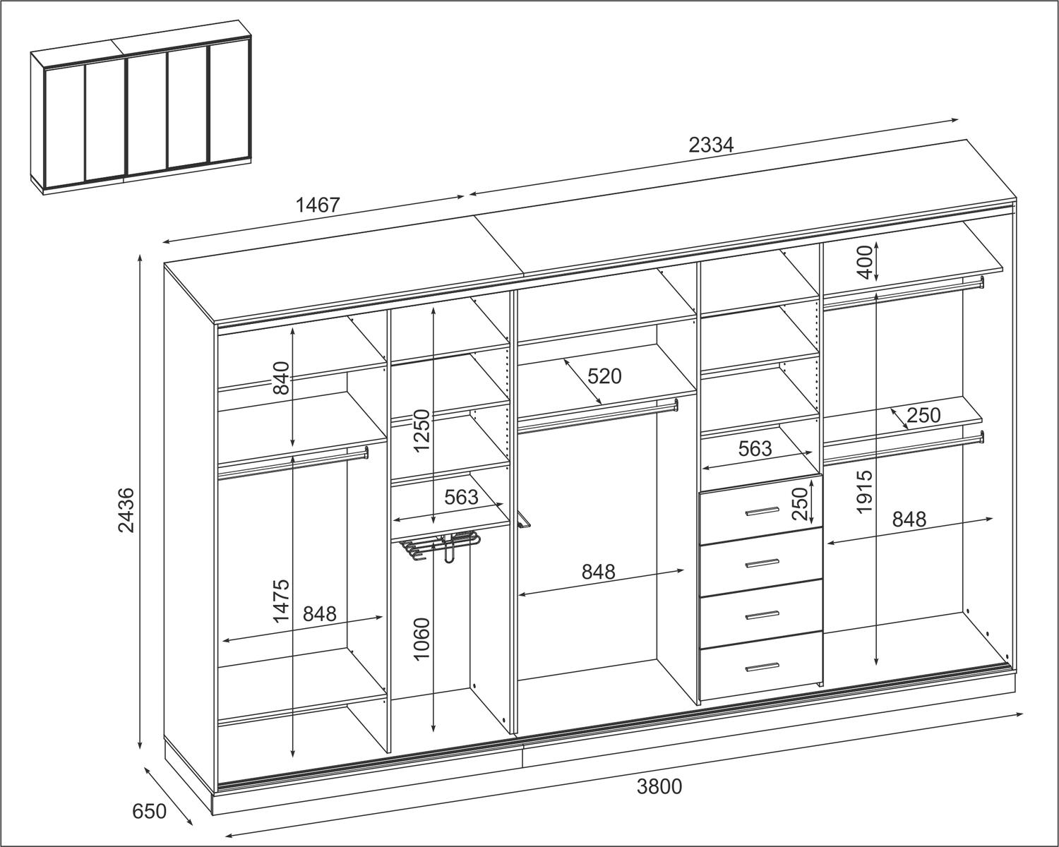 Szafa przesuwna 380x66x244 cm do sypialni okucia czarne szary platynowy czarny z 1 lustrem nr. 3