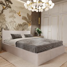 Łóżko tapicerowane do sypialni 180x200x120 cm podwójne z pojemnikiem modne kremowe - Miniaturka zdjęcia nr 1