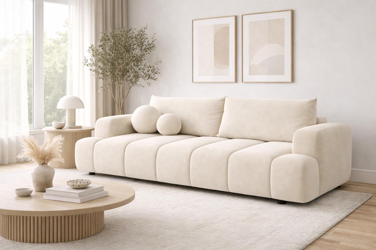 Kanapa rozkładana trzyosobowa Mediolan 250 cm BLUVEL 22 sofa z funkcją spania velvet kremowa