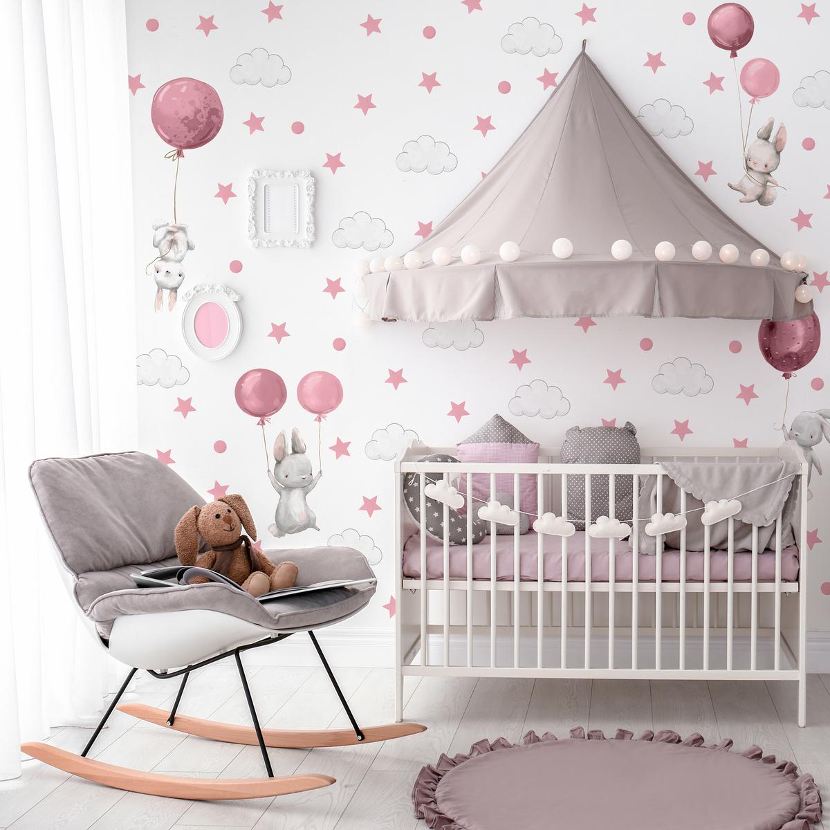 Naklejki Ścienne Dla Dzieci Króliczki Różowe 120x60 Balony Chmurki ZESTAW nr. 5