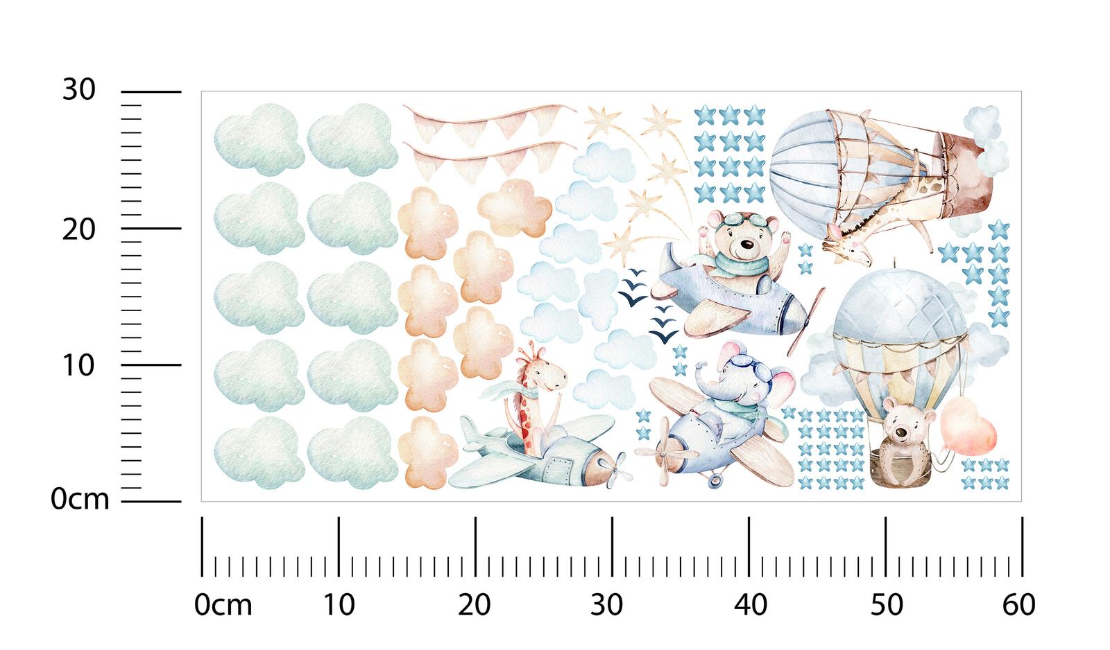 Naklejki Dla Dzieci Zwierzątka Misie Żyrafy 60x30 Balony Chmurki ZESTAW nr. 2